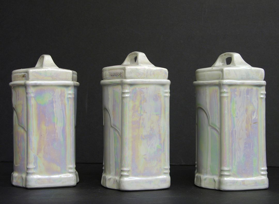 Old White Block Germany 8 Canister Luster Porcelain Set, Early 20th C