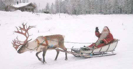 A reindeer pulling Santa in sled #1
