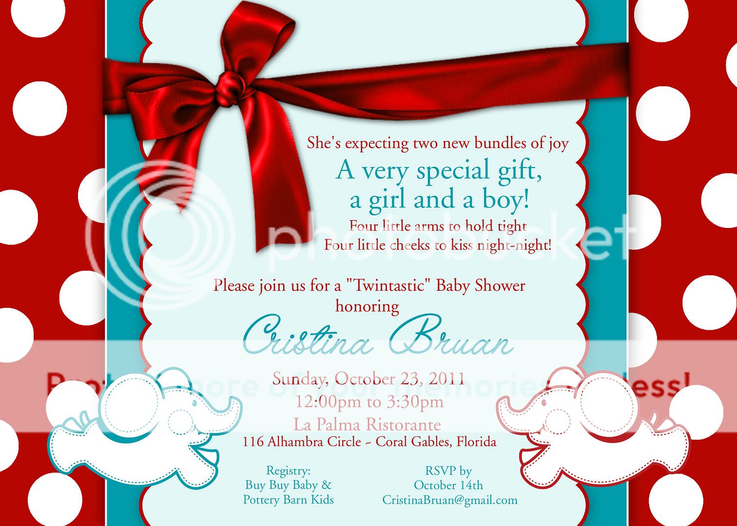 Personalized Baby Shower Elephant Red Aqua Invite  